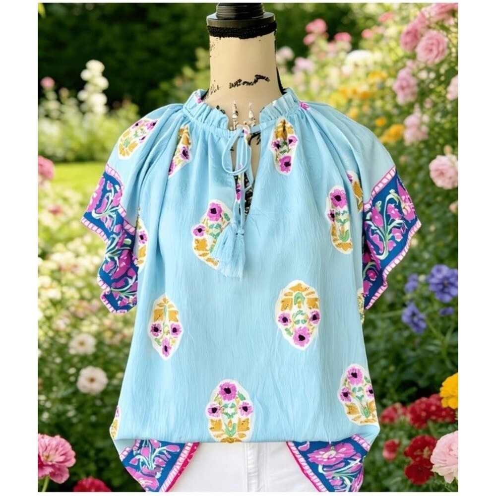 Umgee Boho Floral Print Tassel Tie Neck Blouse Blue Pink Medium NWT Lined